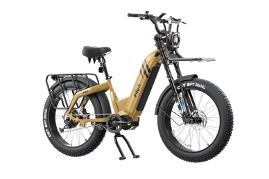 Modern electric bike with fat tires and sturdy frame in tan color.