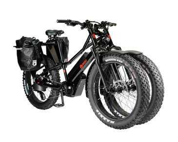 Black electric fat-tire bike with dual front wheels and rear panniers.