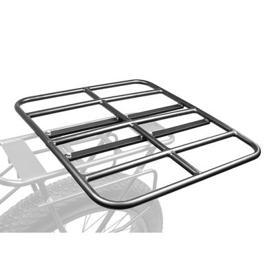 Black metal cargo rack attached to a vehicle frame.