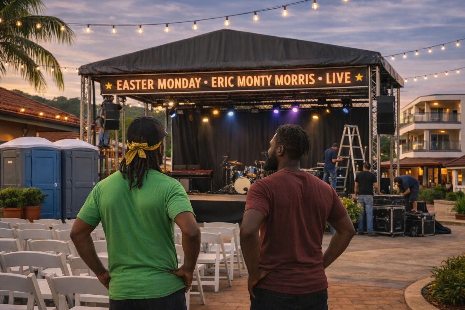 Two men look at an outdoor stage with a sign for Easter Monday live show.