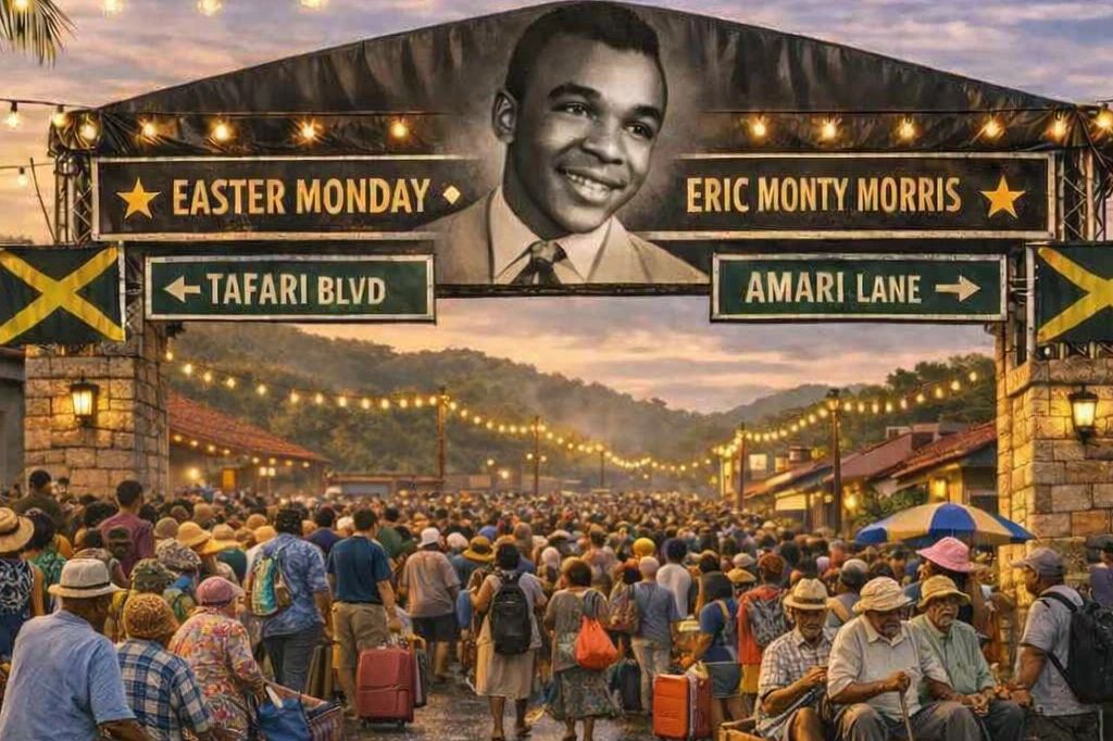 Crowd gathers under a street sign decorated with Jamaican flags and a portrait of Eric Monty Morris.