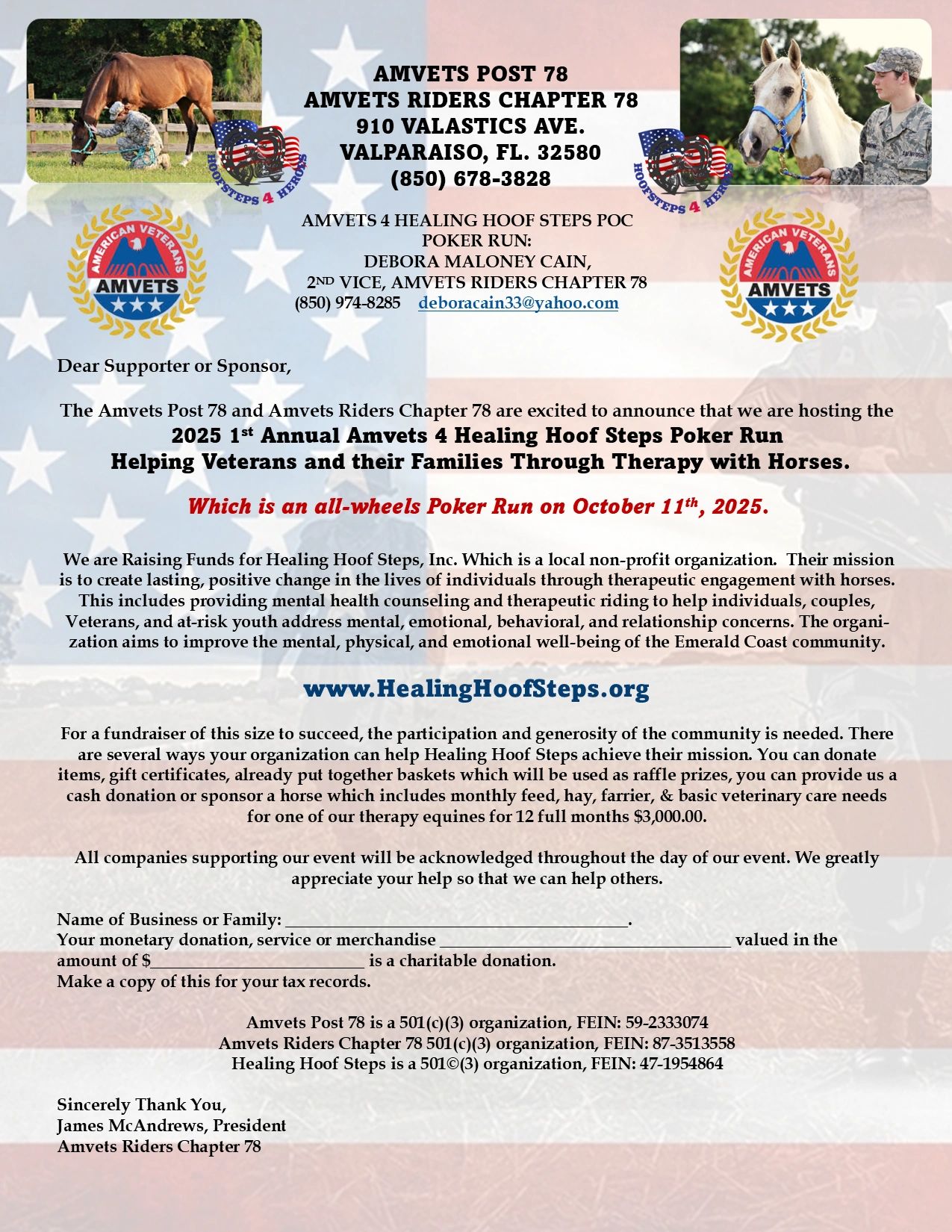 Flyer announcing the 2025 Annual Amvets 4 Healing Hoof Steps Poker Run for veterans therapy.