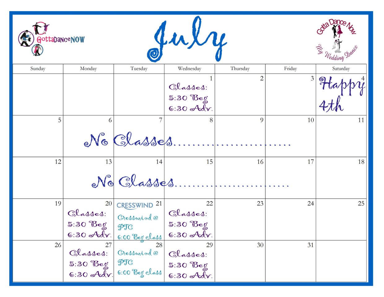 July calendar showing dance class schedule with breaks and special events.