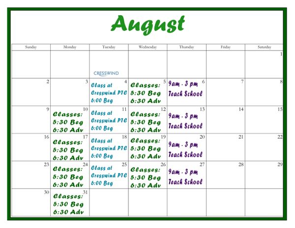 August calendar with class schedules and teach school timings.