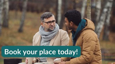 Two men conversing outdoors with a 'Book your place today!' message.