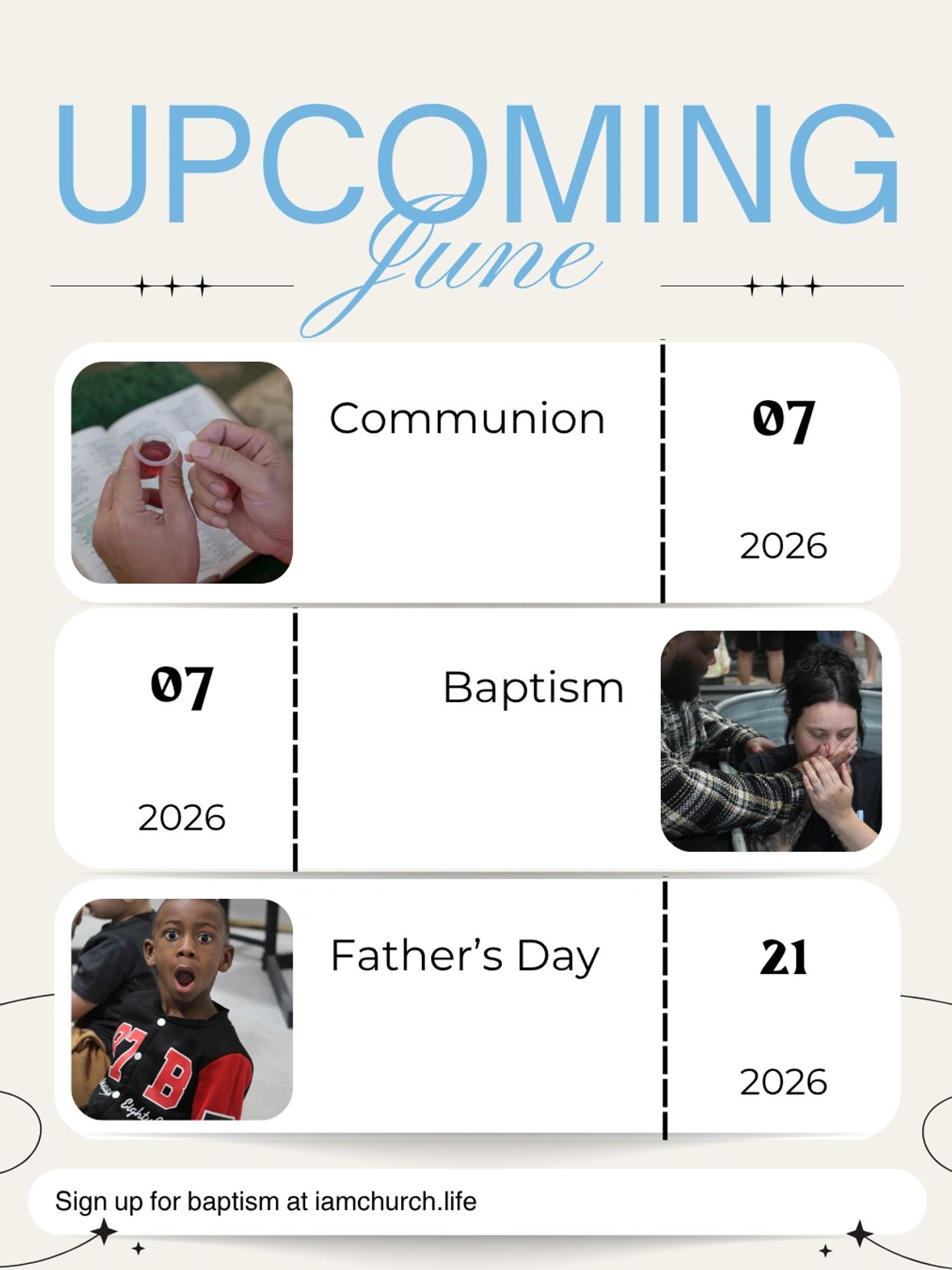 Upcoming June church events: Communion, Baptism, and Father's Day.