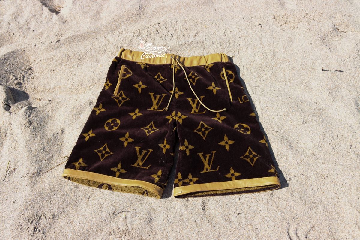 Now taking orders on custom Louis Vuitton brown beach towel shorts !!! Dm  to order !