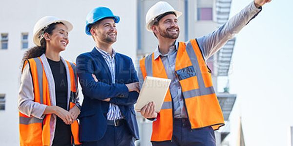 Three construction professionals in safety gear discussing a project outdoors.