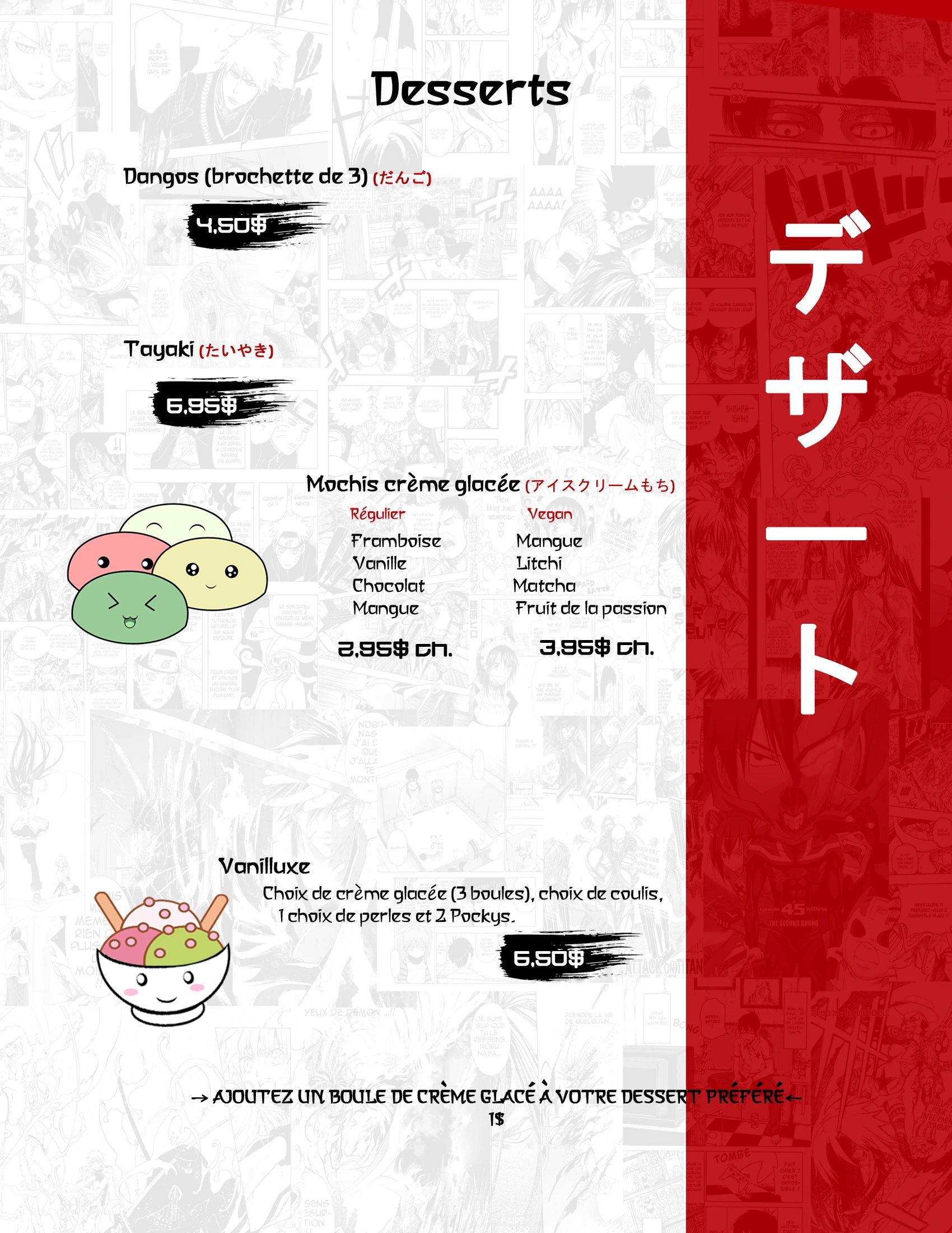Menu de desserts japonais avec prix et choix de saveurs.