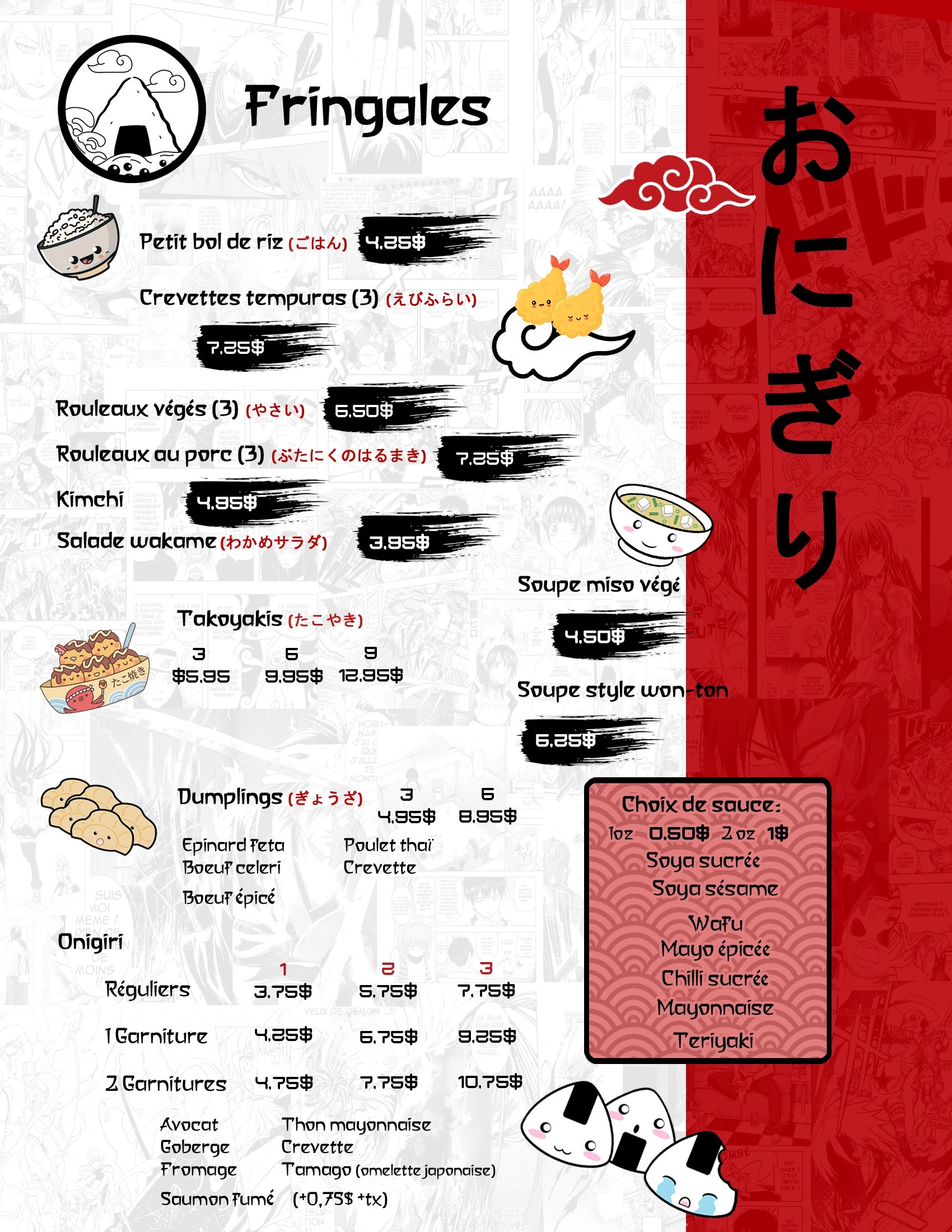 Menu japonais avec prix et illustrations mignonnes.