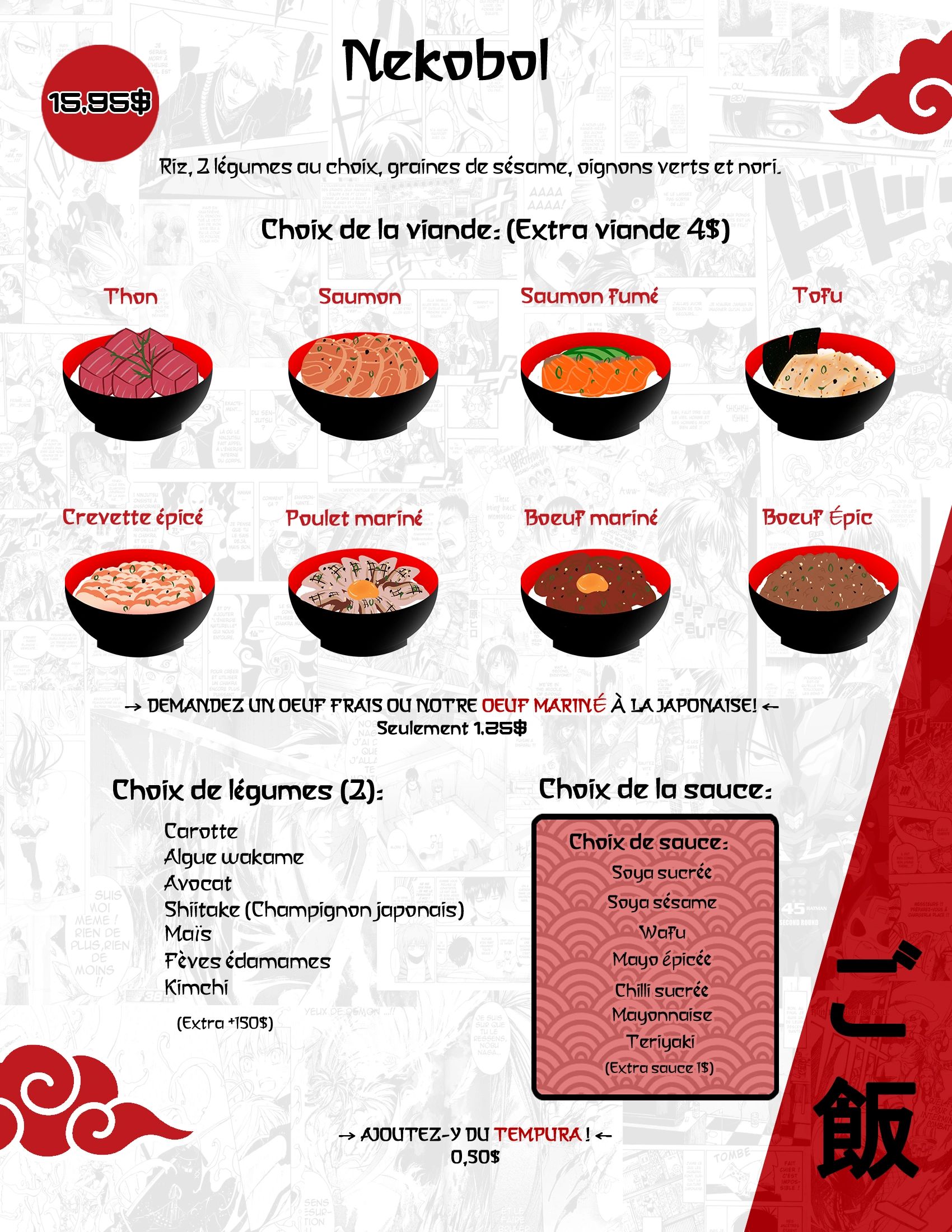 Menu Nekobol avec choix variés de viande, légumes, et sauces.
