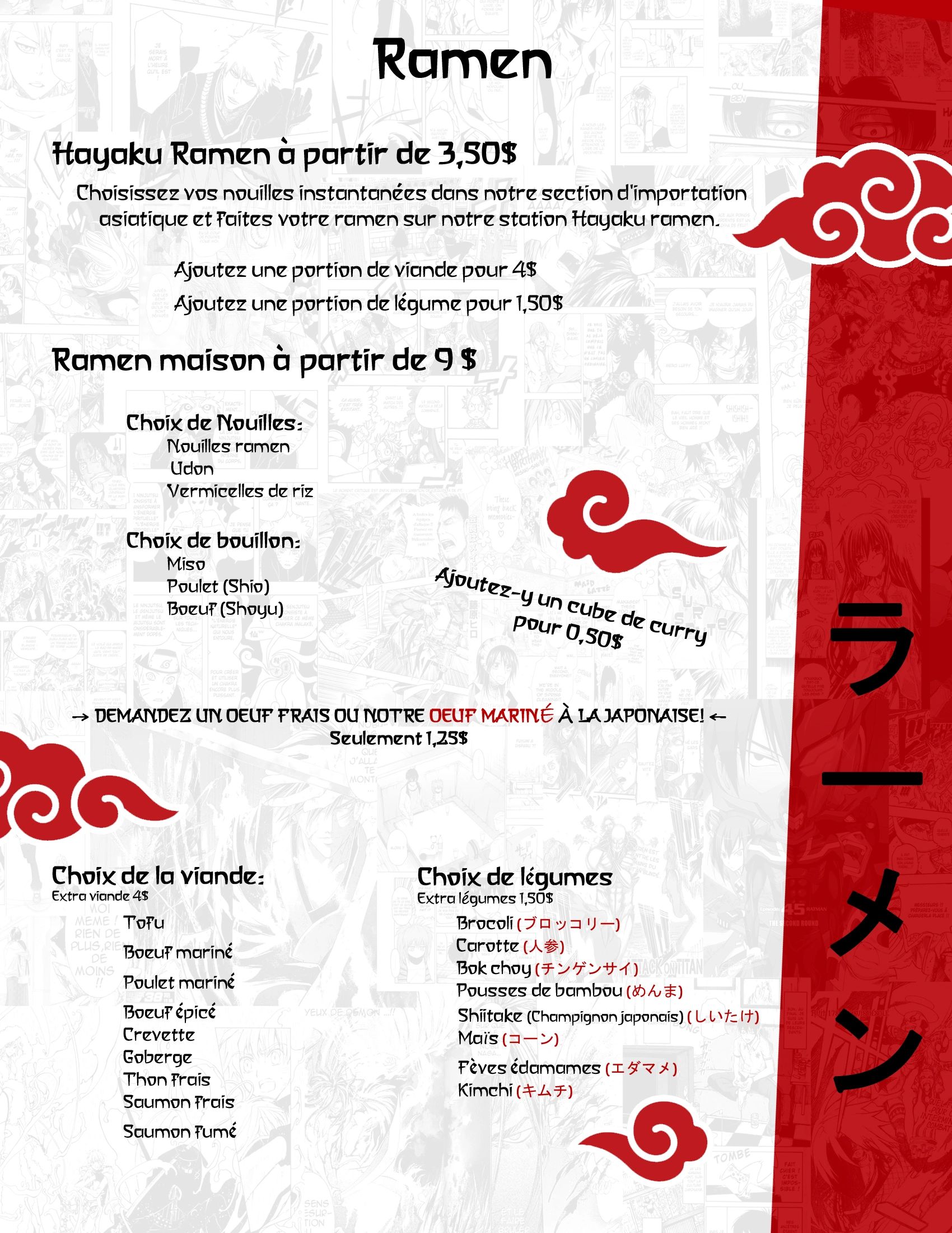 Menu de ramen avec options de nouilles, bouillon, viande et légumes, incluant des suppléments et un œuf mariné au style japonais.