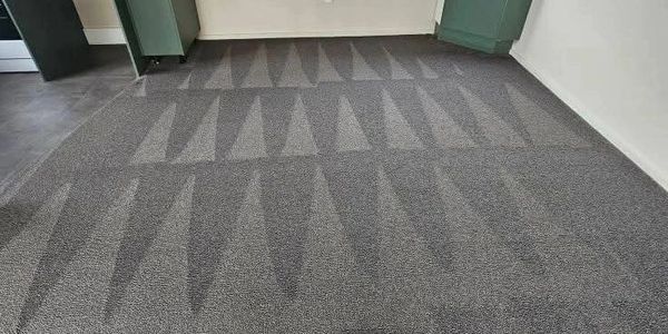 Freshly vacuumed carpet with neat triangular patterns in an empty room.