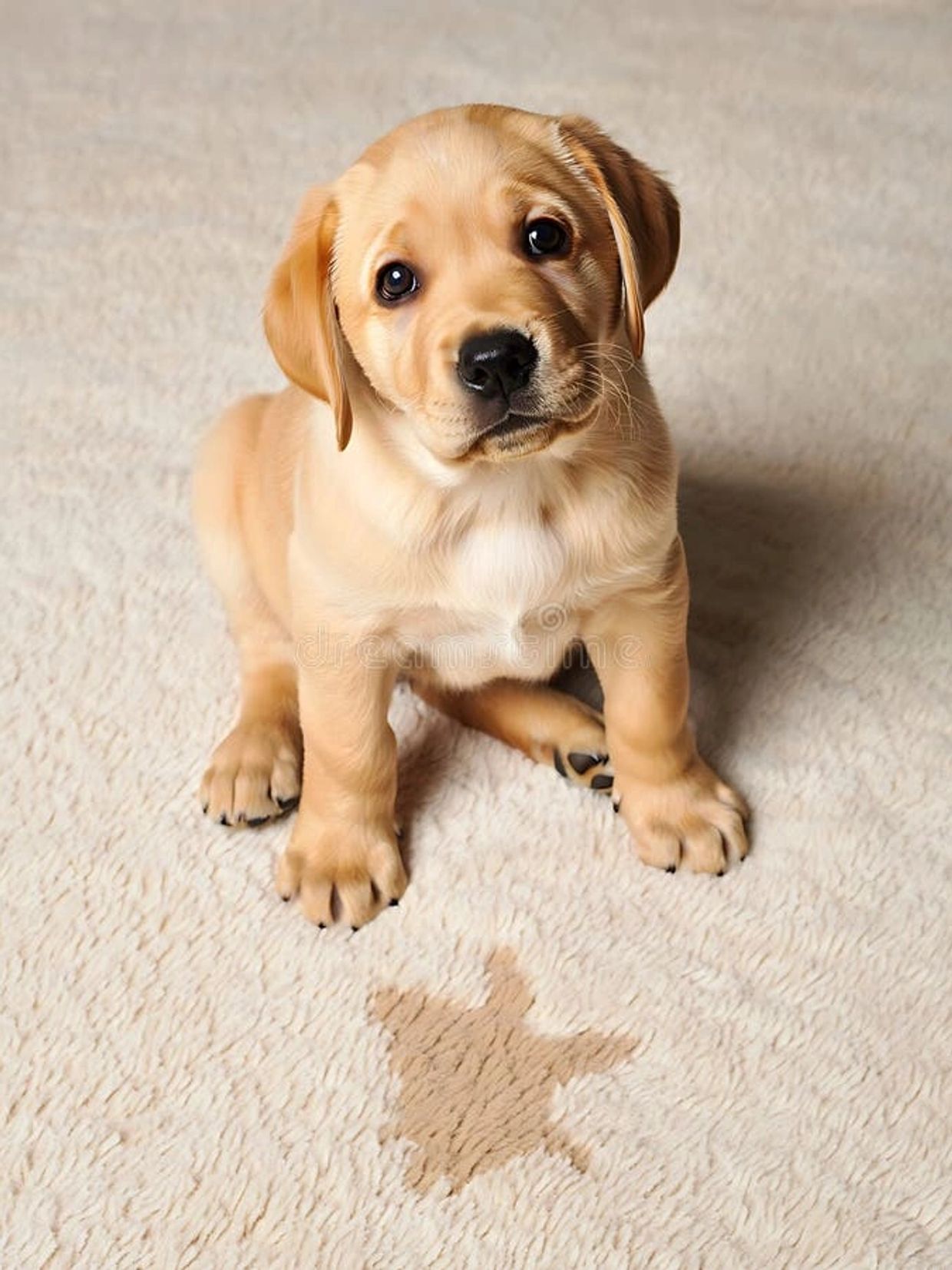 Adorable labrador puppy sitting on carpet with a wet paw stain.
