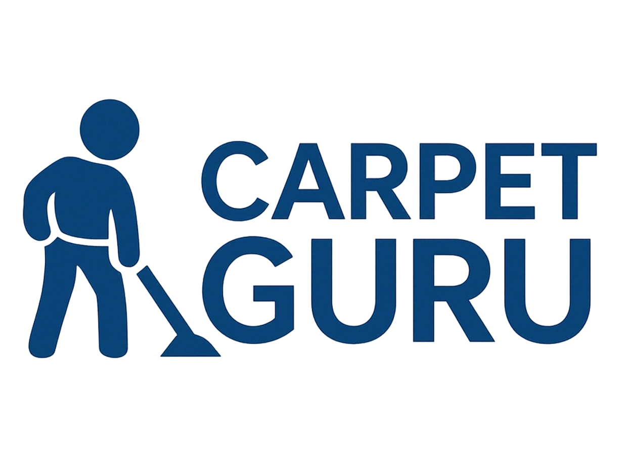 Logo featuring a figure cleaning carpet with text 'Carpet Guru'.