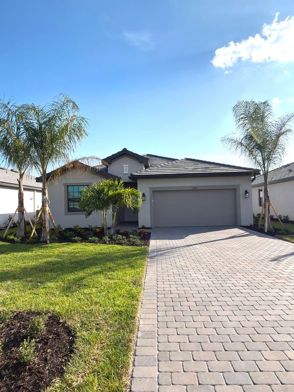Modern single-story house with a paved driveway and palm trees.