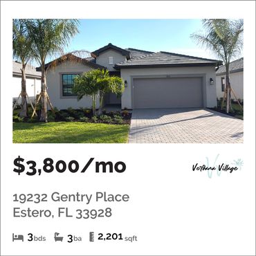 Modern 3-bedroom house with a two-car garage in Estero, FL for $3,800/month.