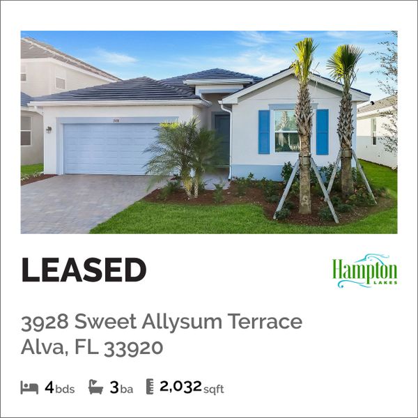 Modern 4-bedroom, 3-bath home leased at Hampton Lakes, Alva, FL.