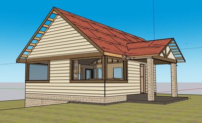 3D model of a small house with a red roof and beige siding.