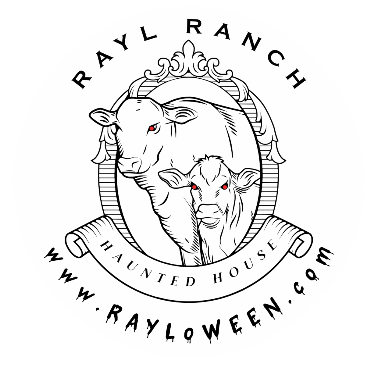 Logo of Rayl Ranch Haunted House with cows and red eyes.