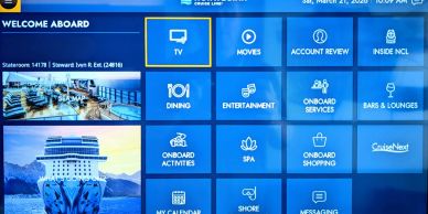 Cruise ship TV interface with various onboard service options.