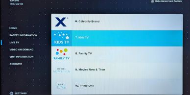 TV menu showing various channels and categories.