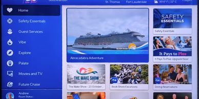 Cruise ship info screen showing services and excursions.