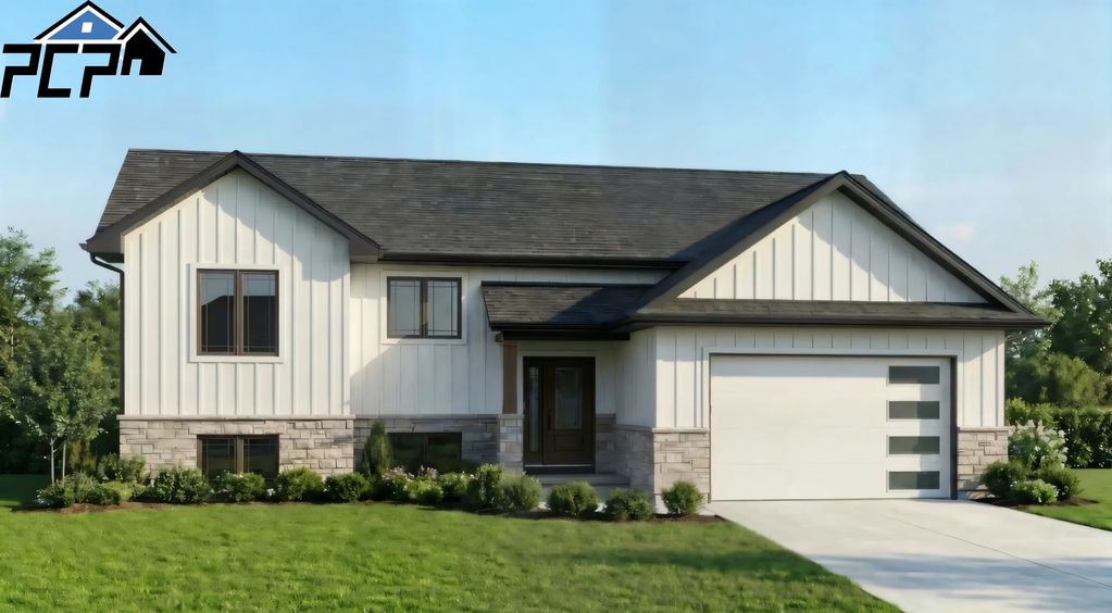 Modern single-story house with white siding and stone accents.