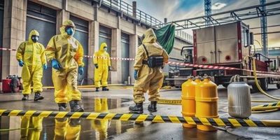 Workers in hazmat suits at a chemical hazard site with safety barriers.