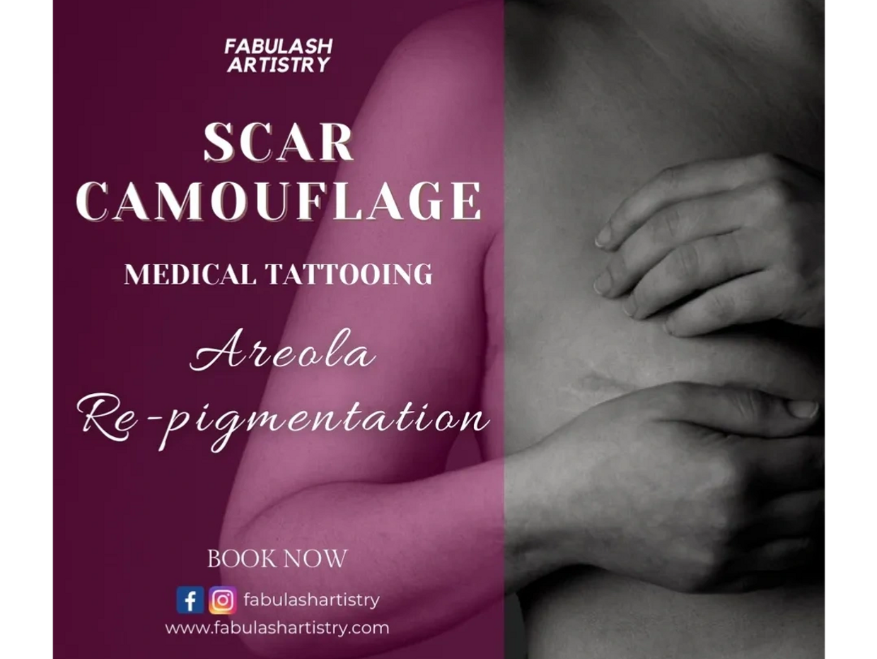 Hands covering chest  after medical tattoo. Promotes scar camouflage & areola repigmentation. 