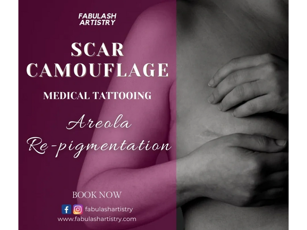 Hands covering chest  after medical tattoo. Promotes scar camouflage & areola repigmentation. 