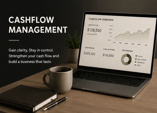 Laptop displays cash flow management overview with charts and financial data.