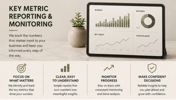 Tablet displaying business metrics with key reporting points beside it.