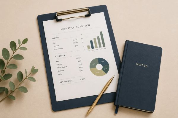Monthly overview report with income, expenses, and net income on clipboard.