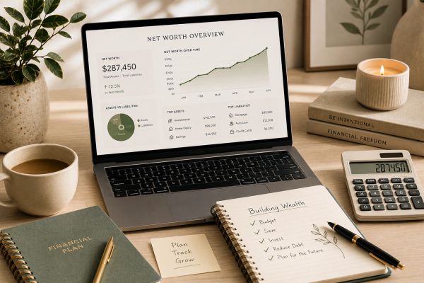 Workspace with financial planning tools including laptop, notes, and calculator.