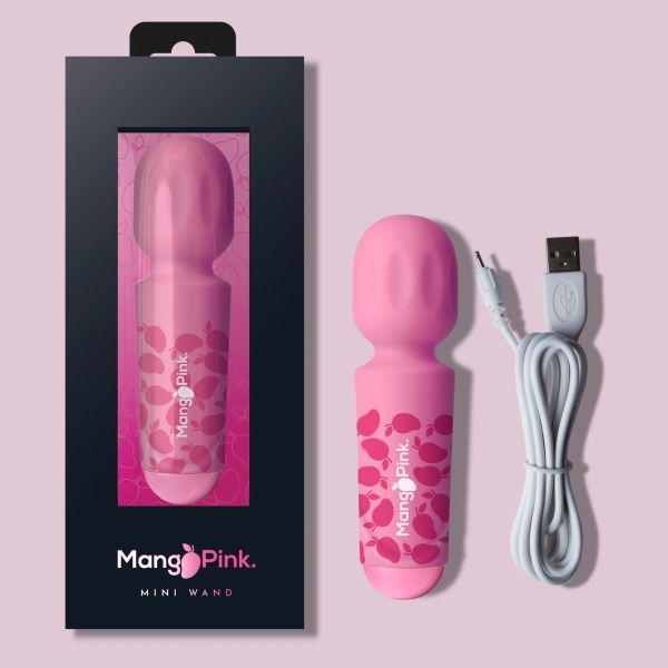 Pink mini wand vibrator with USB charging cable.