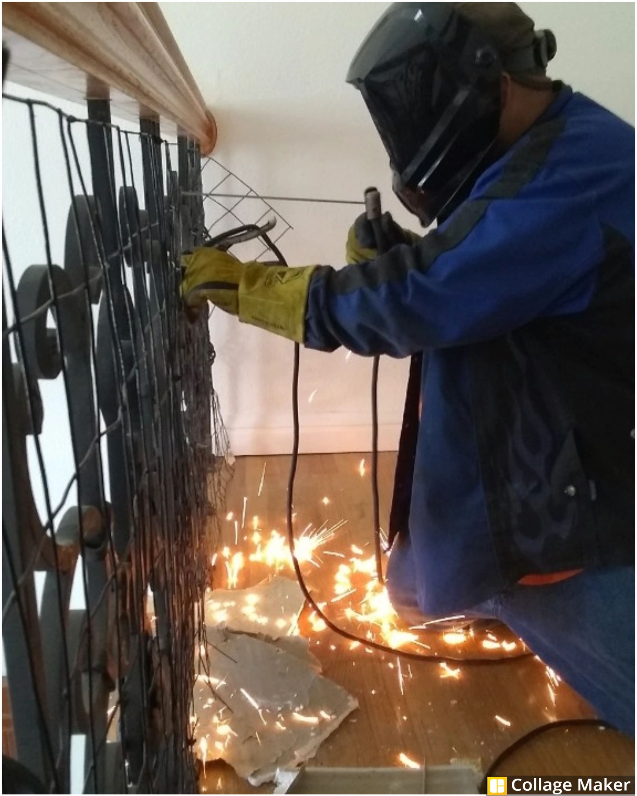 Worker welding metal with protective gear and sparks flying.