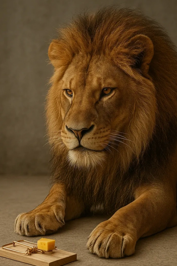 Lion staring at a mousetrap