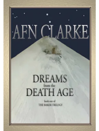 Book cover Dreams from the Death Age, steep white mountain top with Orion in a star lit night