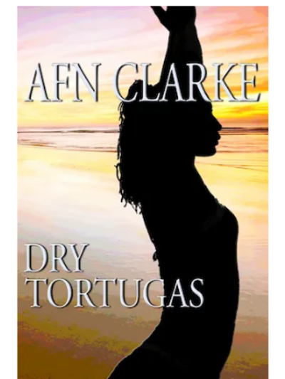 Book cover for Dry Tortugas, silhouette of young woman, yoga pose arms stretched up, ocean sunrise