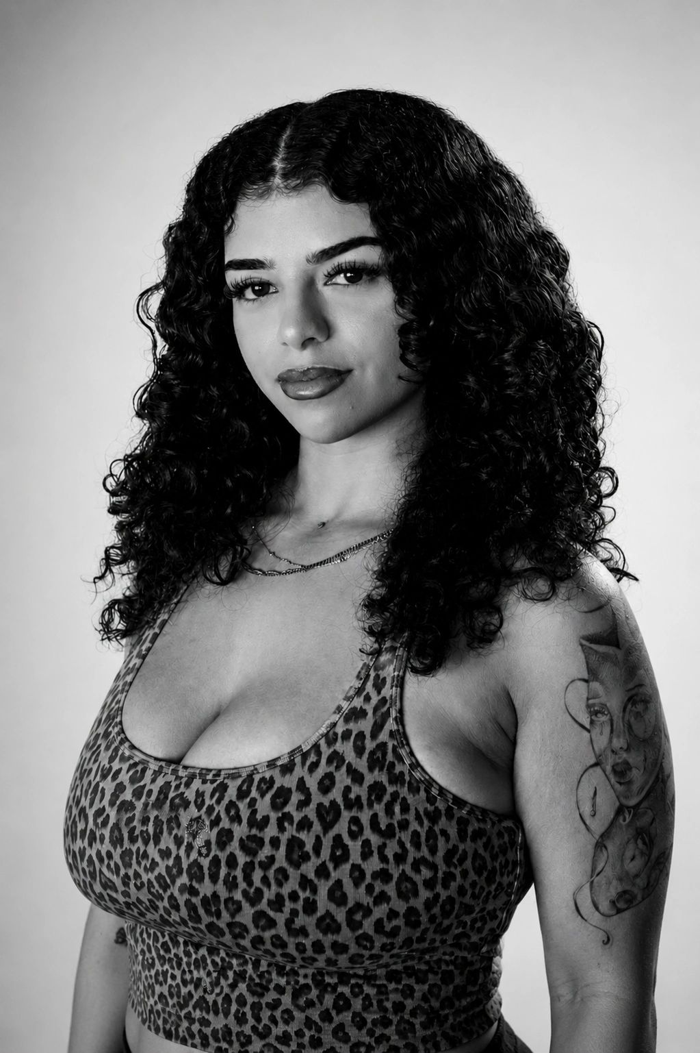 Woman with curly hair and leopard print top.
