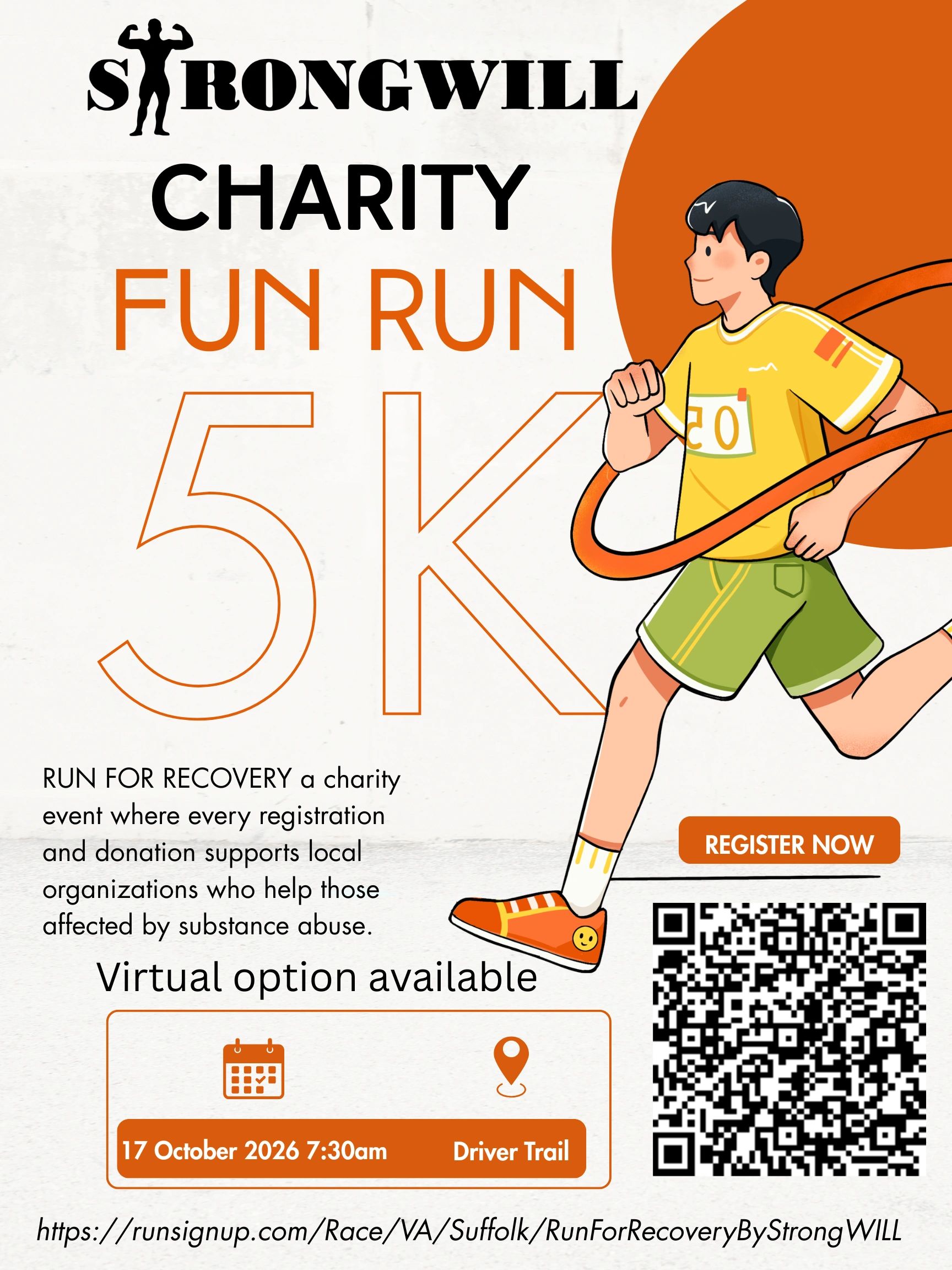 Charity 5K Fun Run by StrongWill for substance abuse recovery.