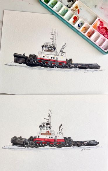 Two detailed watercolor paintings of tugboats with paint palette and tubes nearby.