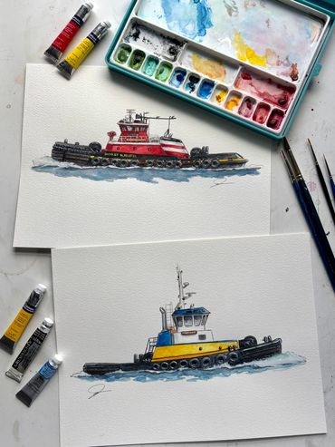 Two watercolor paintings of tugboats with paint tubes and brushes.