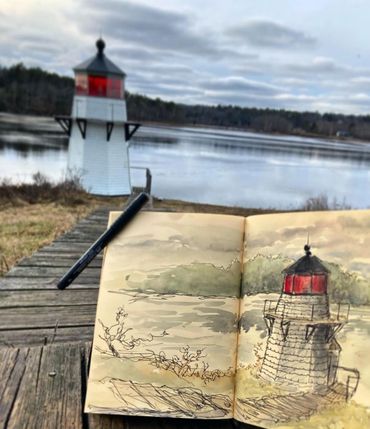 Sketchbook drawing of a lighthouse by the water, matching the real lighthouse in the background.