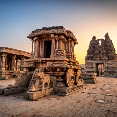 Ancient stone chariot and temple at sunset.