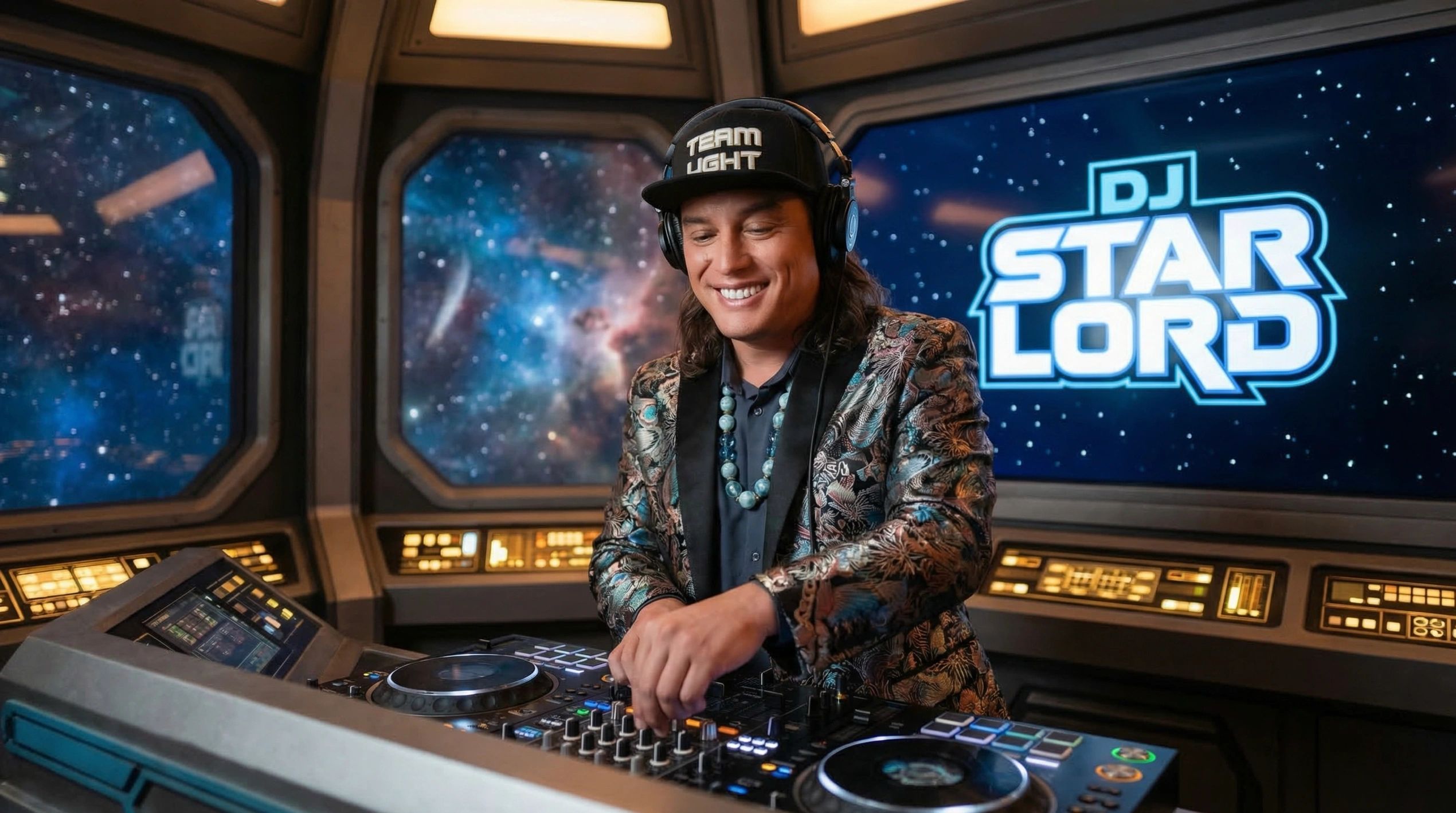 DJ Star Lord mixing music in a space-themed studio with cosmic background.