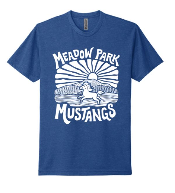 Blue t-shirt with 'Meadow Park Mustangs' and a running horse design.