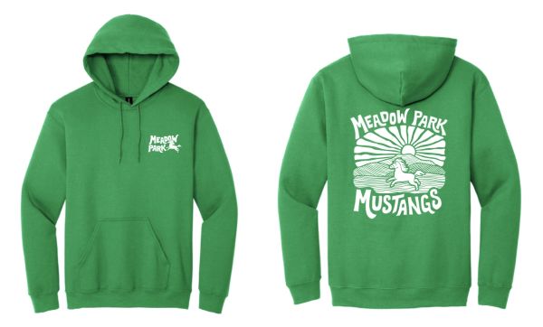 Green Meadow Park Mustangs hoodie with logo.