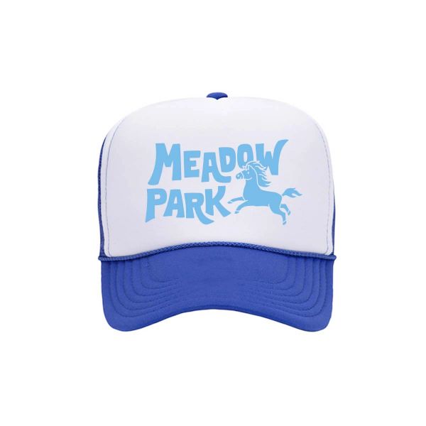Blue and white Meadow Park cap with horse graphic.